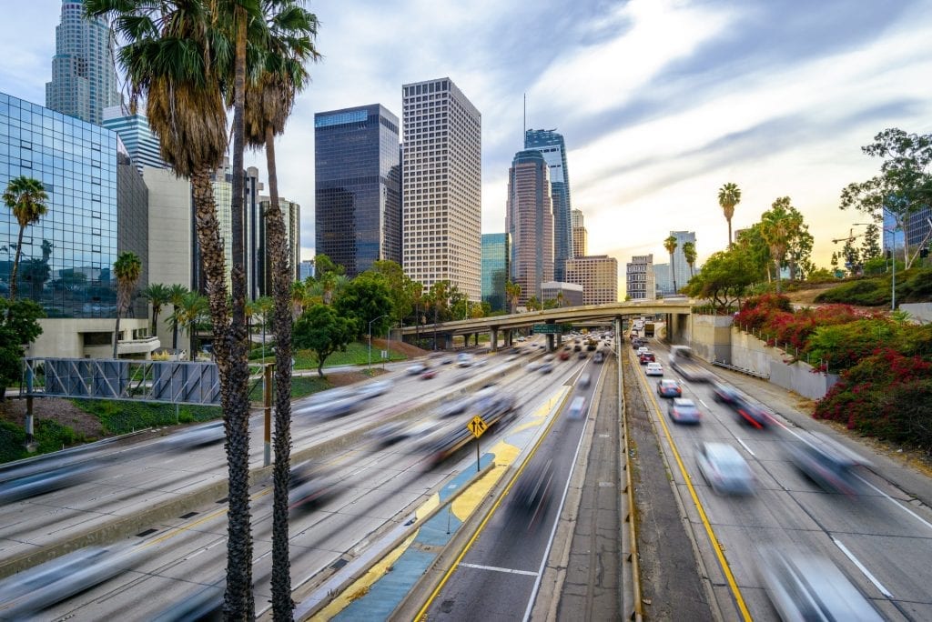 Downtown Los Angeles traffic at sunset