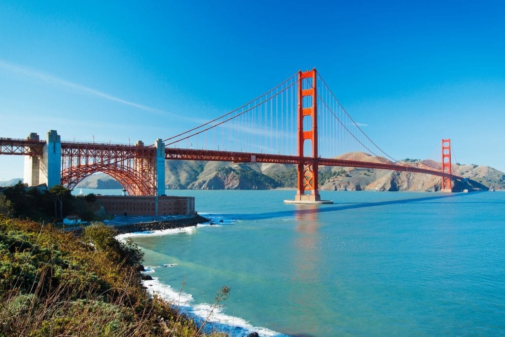 The Golden Gate Bridge in San Francisco with beautiful blue ocea