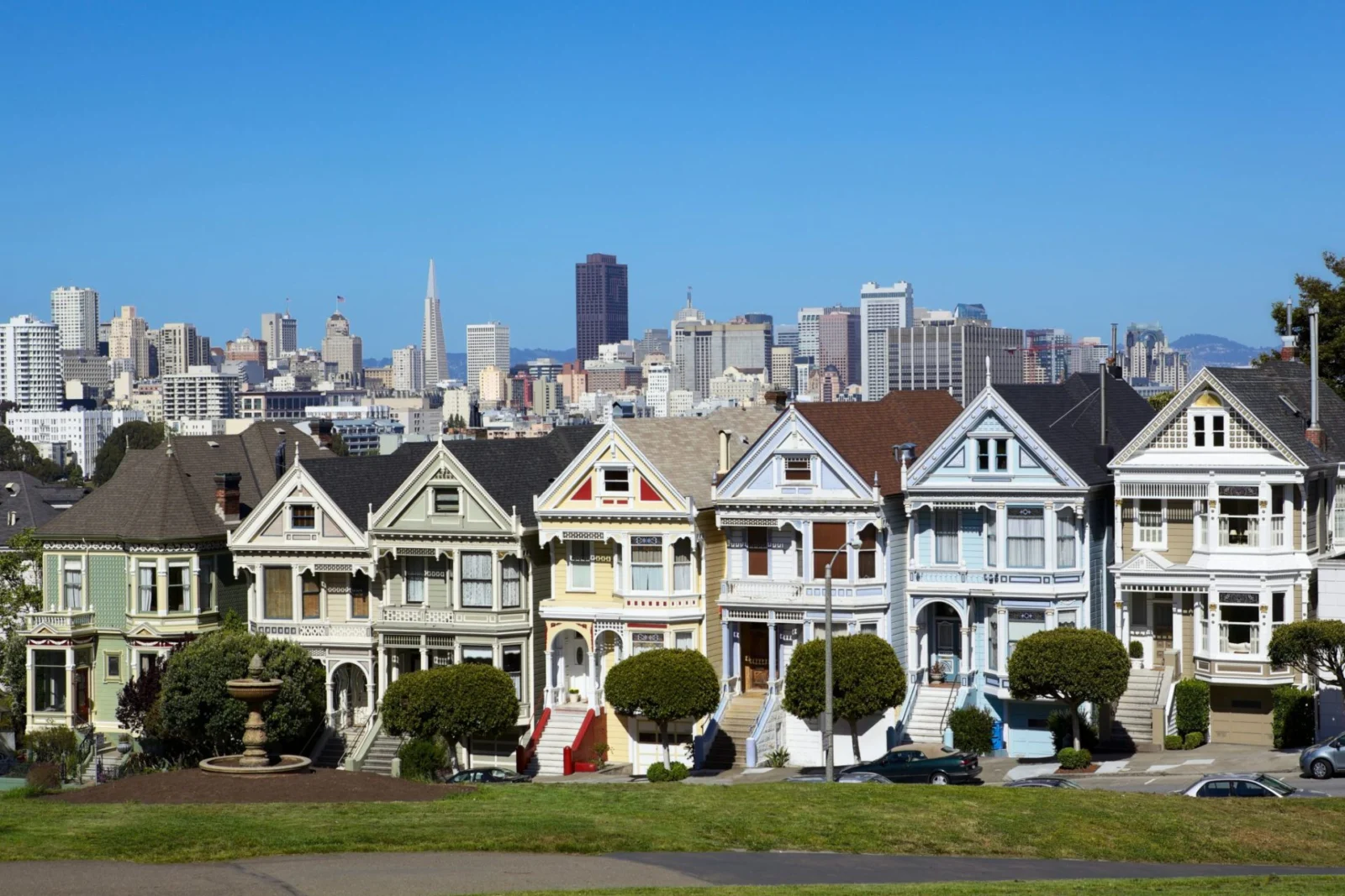 The Painted Ladies with the San Francisco skyline in the distance.